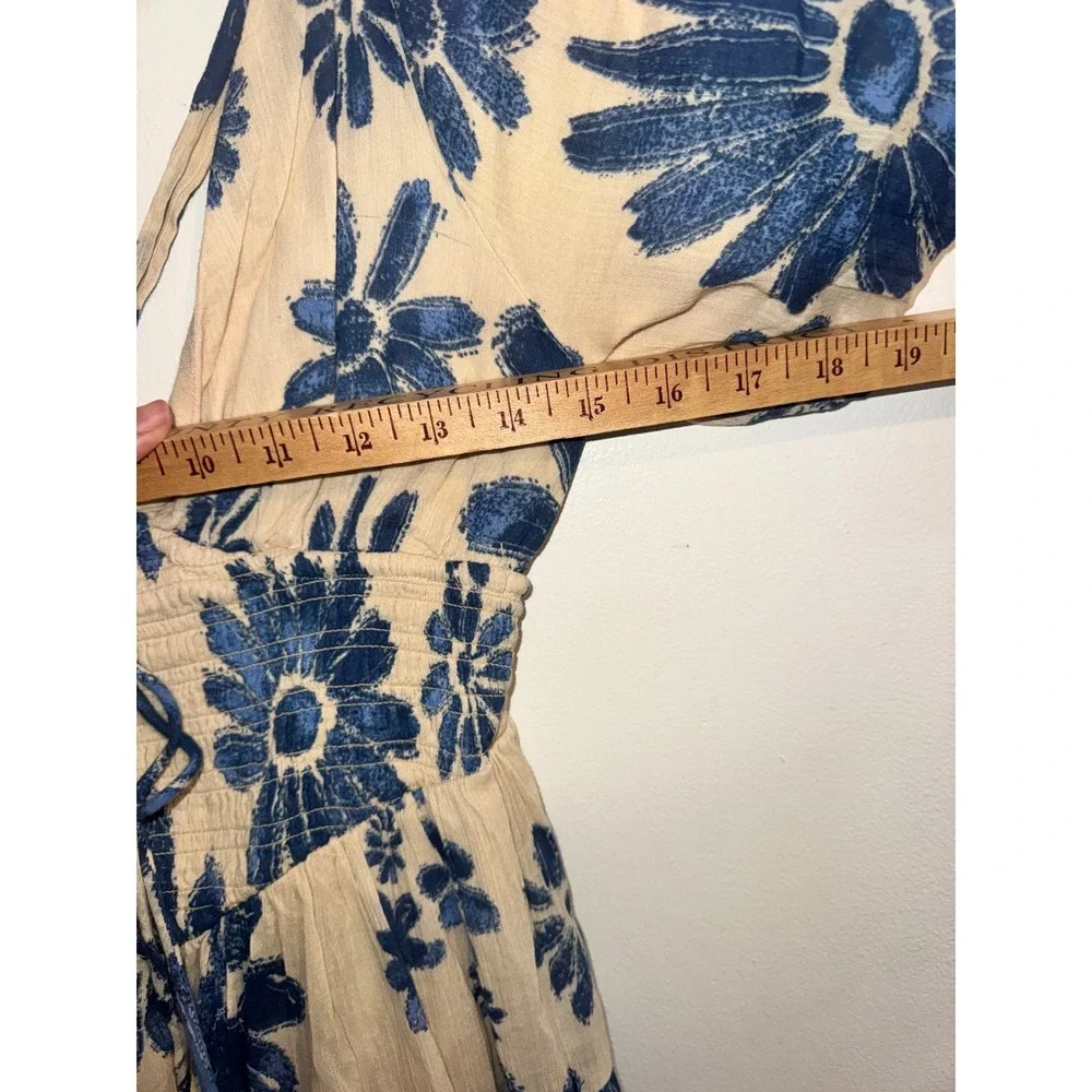 Free People Perfect Day Mini Dress Blue Floral Smocked Puff Sleeve Small
